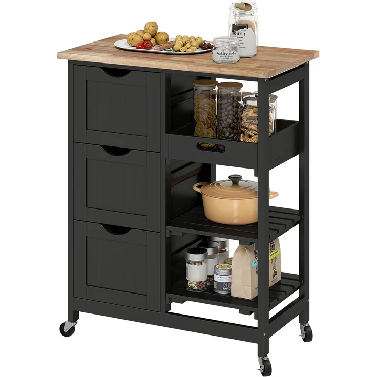 Wohnora-Küchenwagen mit Rollen, Holzarbeitsplatte, 3 Schubladen und 1 herausnehmbarem Tablett, 67 x 37 x 85,5 cm, schwarz,H 855cm x T 670cm x B 370cm – Bild 1