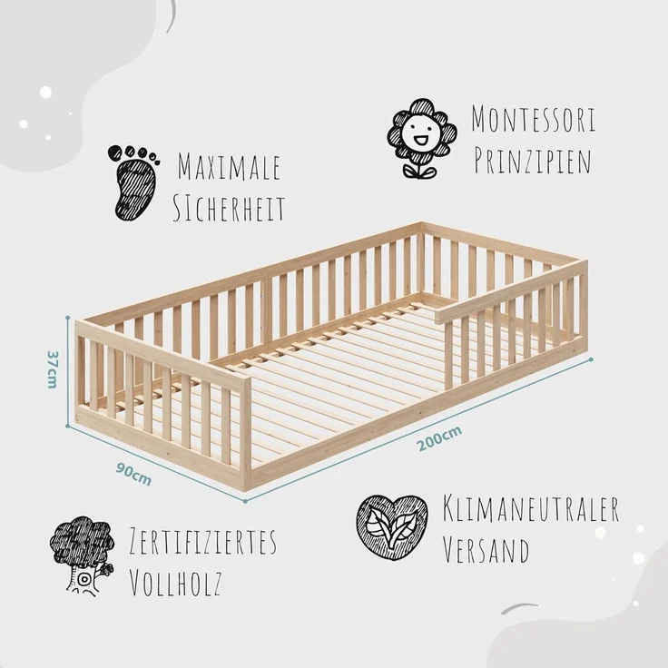 Kids Collective Kinderbett Bodenbett Bett mit Rausfallschutz & Lattenrost Montessori Bett Kinder (weitere Größen, 120x200, 140x200 cm), Jugendbett Einzelbett optional mit Matratze, natur Kiefer 90x200 cm – Bild 2