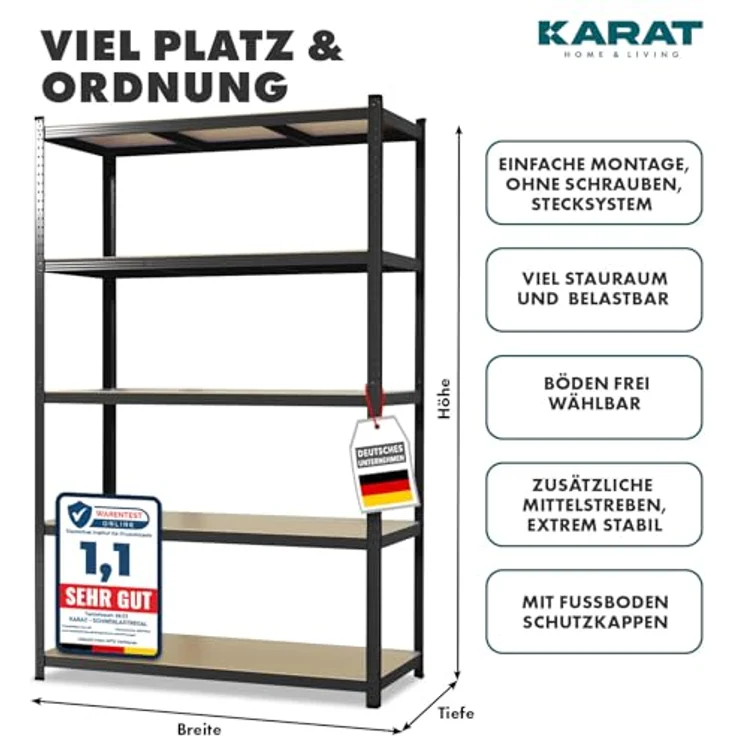 KARAT Schwerlastregal, 2er Set, 30 x 75 x 150 cm Steckregal, Kellerregal, Lagerregal - TÜV/GS-geprüft - 5 verstellbare Böden (Schwarz) – Bild 3
