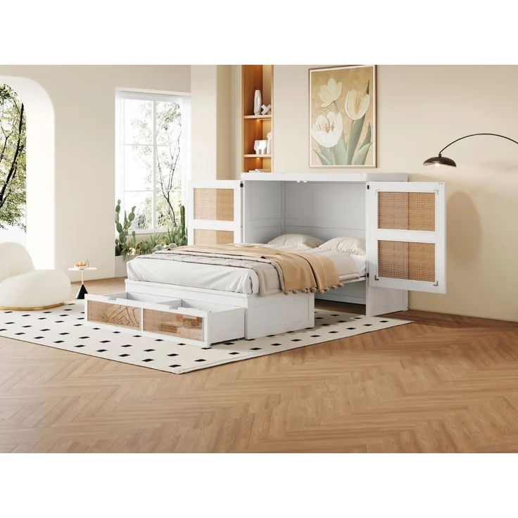 Schrankbett aus Holz mit Lattenrost & Schubladen, 140x200 cm, Weiß, ohne Matratze – Bild 4