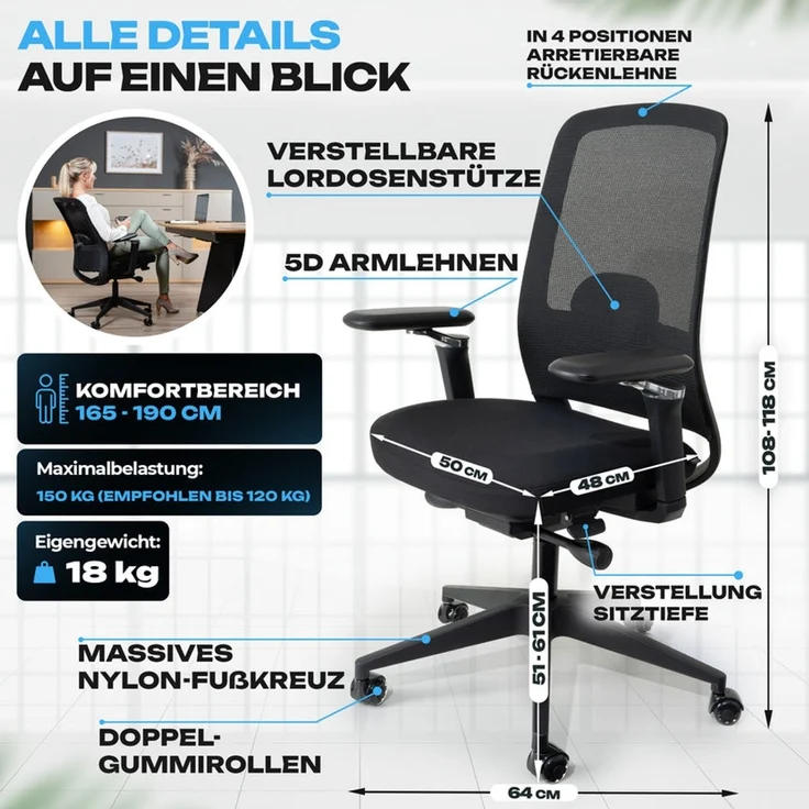 VALKENSTOL M4 Bürostuhl Ergonomisch Testsieger mit 5D Armlehnen für maximale Bewegungsfreiheit, Bequeme und Rückenfreundliche Bürostühle, Schreibtischstuhl ergonomisch als Home Office Chair – Bild 7