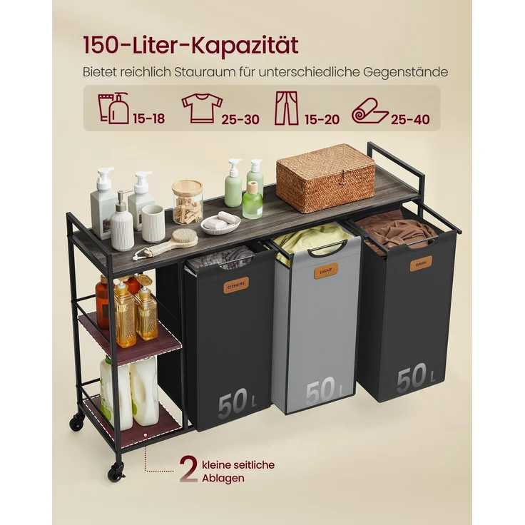 VASAGLE Wäschekorb 3 Fächer, Wäschesammler 150 L, Wäschesortierer, Rollen, Wäschewagen mit Ablagen, Wäschesack, mit abnehmbaren Taschen, 6 Etiketten, kastanienbraun-tintenschwarz-taubengrau – Bild 3