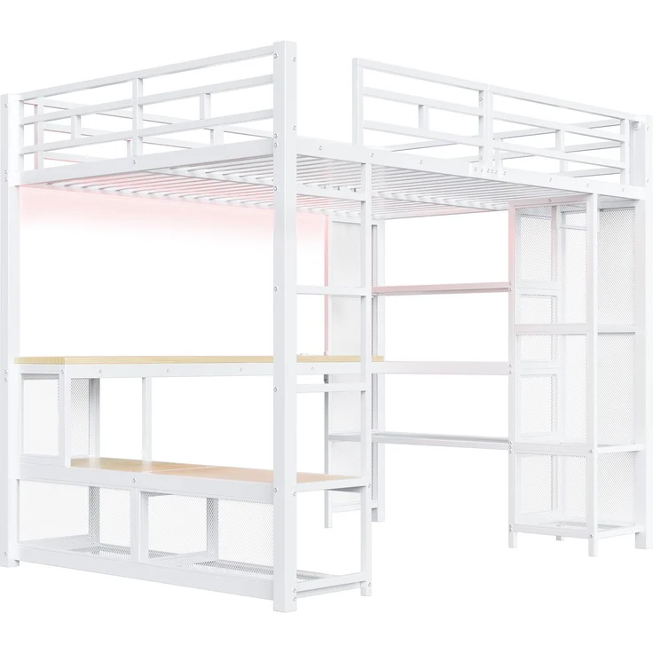 U-life Metall-Hochbett 140x200 cm mit Schreibtisch, offenem Kleiderschrank, LED-Beleuchtung und USB-Ladestation, Weiß – Bild 2