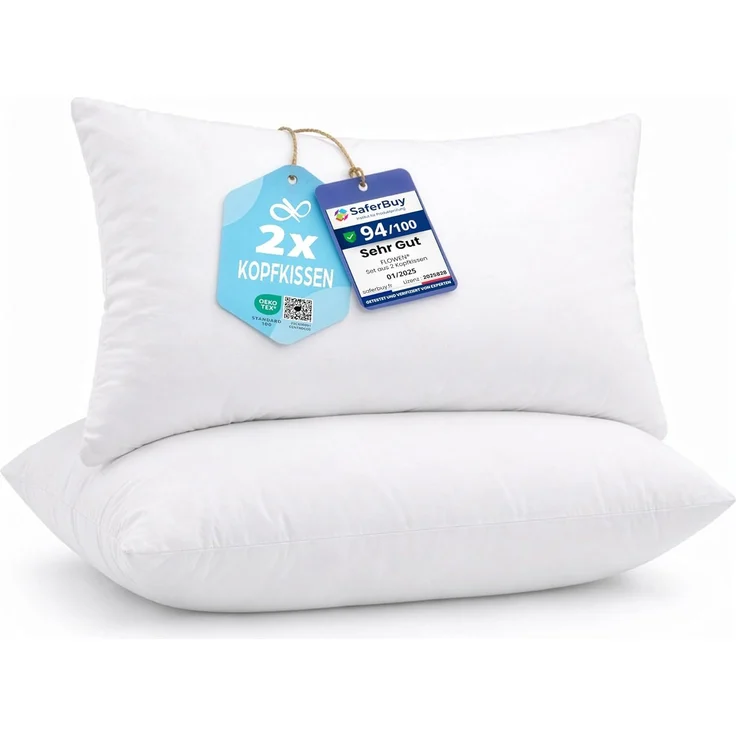 Flowen Kopfkissen 50x80 cm Kissen für Bett 50x80 2er Set Bettkissen Hypoallergene Anti-Milben Weiche Kissenfüllung mit Weicher Gesteppter Kopfkissenbezug 100% Polyester Schlafkissen