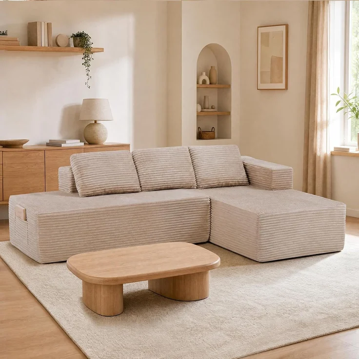 COMHOMA Ecksofa mit Schlaffunktion, 228cm Corduroy Modulares Boneless Couch mit Chaiselongue & Rücken-Metallgestell, L-Form Schlafsofa mit offenem Design, Kissen & Seitentaschen,für Wohnzimmer, Beige-L – Bild 3