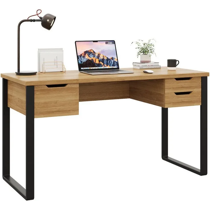 OKWISH Schreibtisch für Büro und Homeoffice, mit 3 robusten Schubladen, Holzfarbe + Schwarz, 130*55*76cm