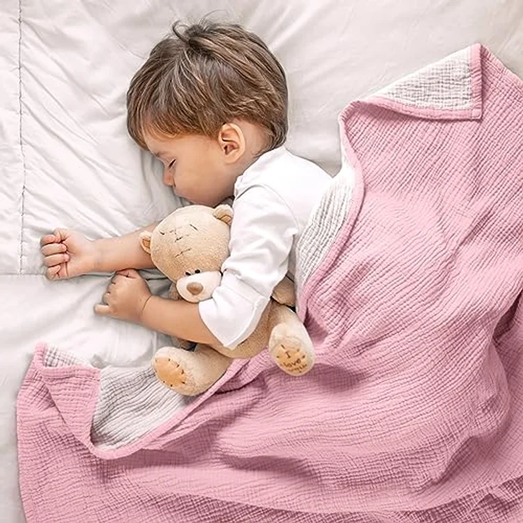 lulumoon Musselin-Babydecke – Baumwoll-Steppdecke für Kleinkinder – wendbare Kinderbettdecke für Babys, Jungen und Mädchen, 120x120 cm (Rosa) – Bild 3