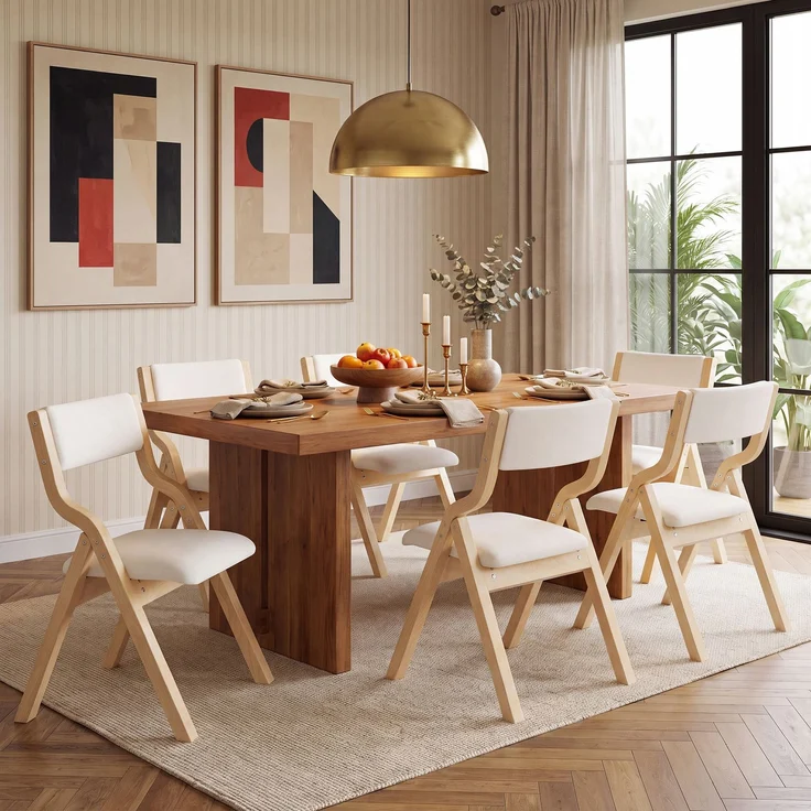4 klappbare Esszimmerstühle, Esszimmerstühle aus Massivholz, bequem und atmungsaktiv, faltbar und verstaubar, geeignet für Esszimmer, Wohnzimmer, Café, moderner Stil, Leinen, Beige – Bild 3
