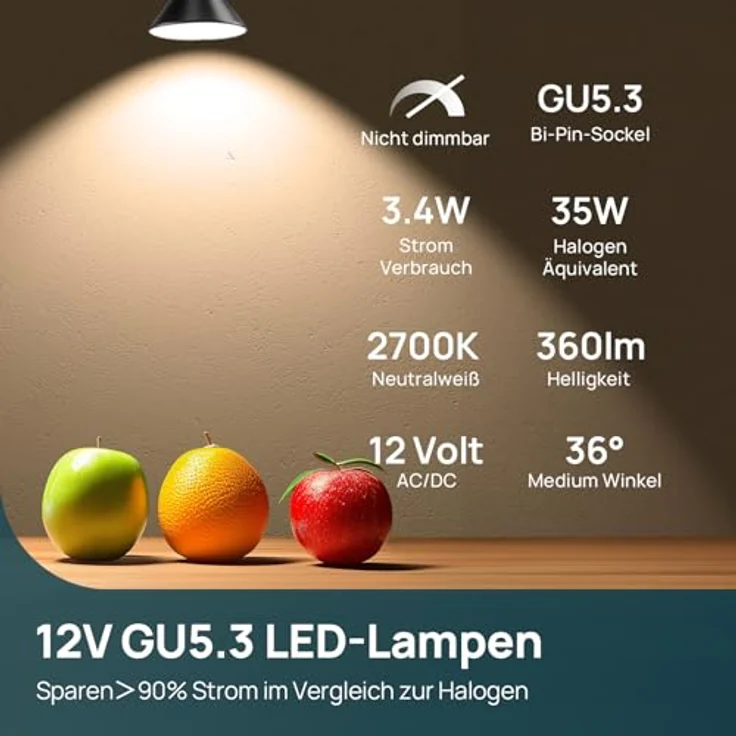 Linkind 12V GU5.3 Led 3.4W, 35 Watt ersetzt, 2700K Warmweiß 36° Abstrahlwinkel LED Spot MR16, 360Lm AC/DC 12V LED Leuchtmittel, 25,000 Std. Lebensdauer, Nicht dimmbar, 5 Stück – Bild 3
