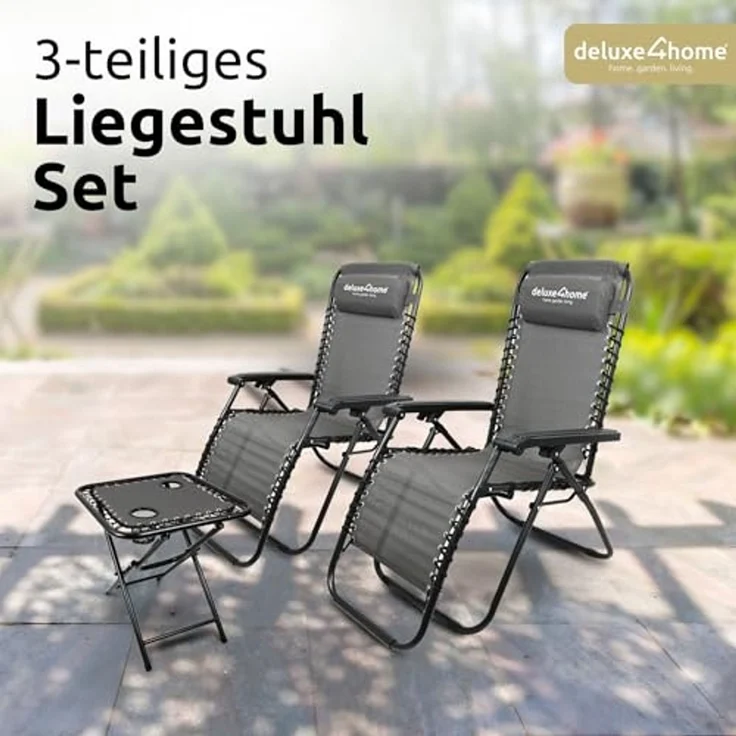 deluxe4home Gartenliege Liegestuhl Set mit Klapptisch I Gartenstuhl Klappbar I Liege Anthrazit, 3-teilig, Flexibles Gewebe – Bild 3