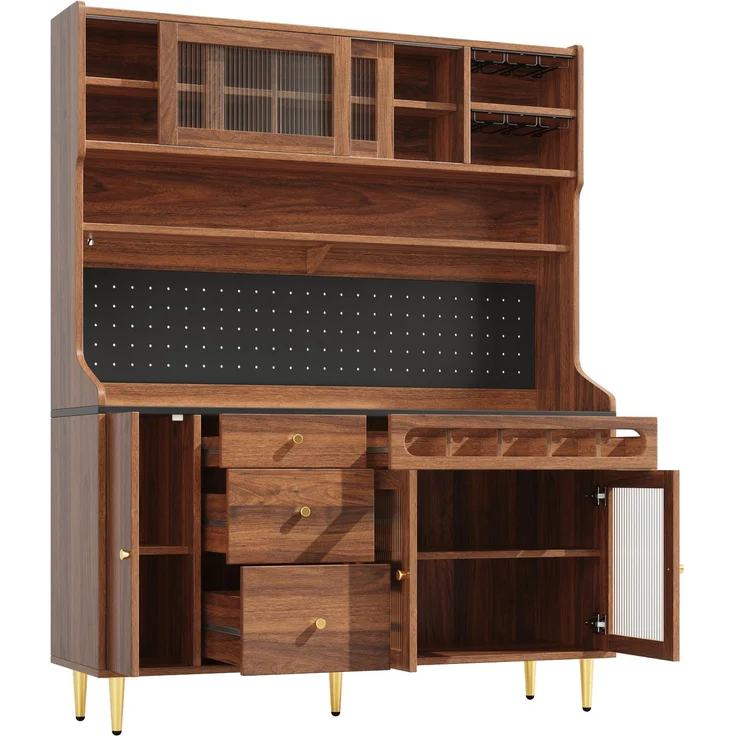 Hochschrank 145x39x171 cm mit LED-Beleuchtung, Glasschiebetüren und Weinfach - Walnuss – Bild 4