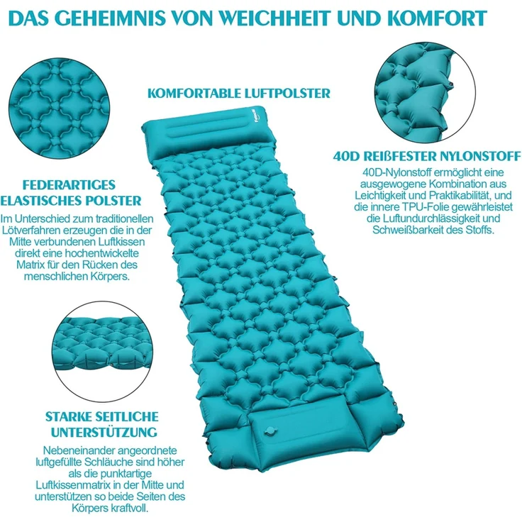 Eikuavons Camping Isomatte, Isomatte Camping Aufblasbar, für Camping Wandern Strand, 8.5cm Dicke Isomatten Camping Ultraleicht mit Kissen Isomatte Selbstaufblare Schlafmatte, Blau – Bild 4