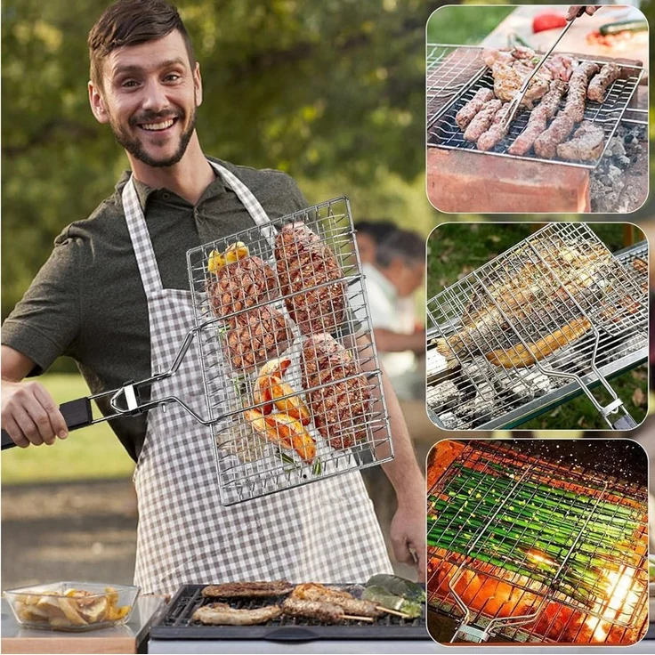Refined Living Grillguthalter Grillkorb Edelstahl faltbar Fisch Gemüse Grillgitter mit Tasche,Bürste, Edelstahl, Antihaft-Beschichtung, (Fischgrillkorb, BBQ Grillkorb faltbar, Grillkorb mit Holzgriff, Grillzubehör Fisch Gemüse, Edelstahl Grillgitter, G... – Bild 4