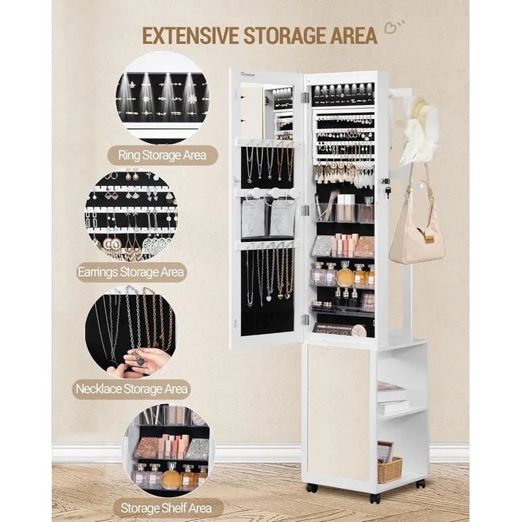 Schmuckschrank, Schmuck Spiegelschrank, schmuck spiegelschrank stehendstehender Schmuck-Organizer mit 1 Kleiderständer, 3-stufige Ablageflächen mit 4 Kleiderhaken, Weiß und Schwarz – Bild 4