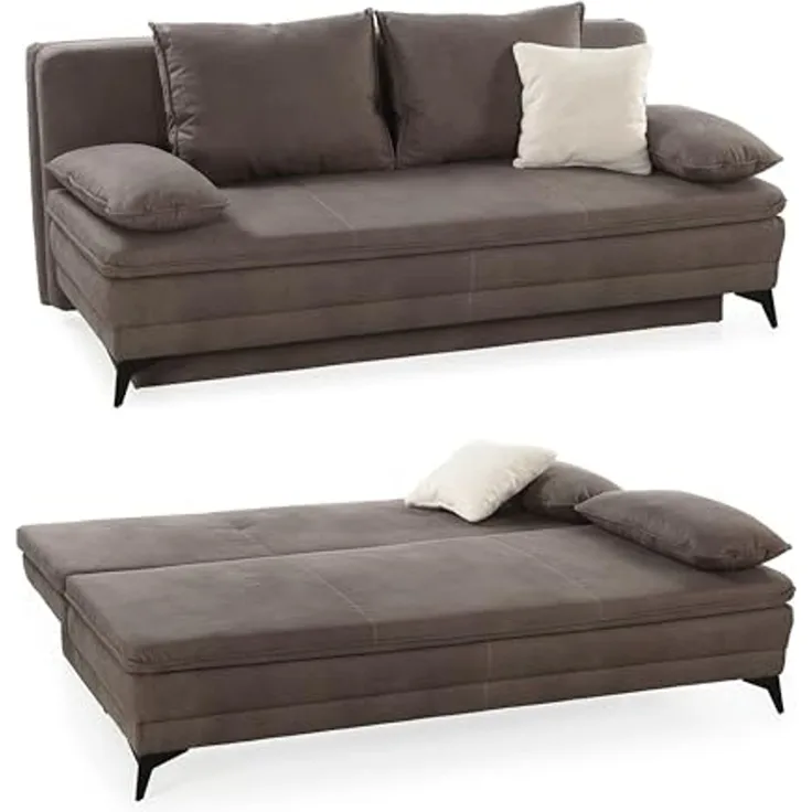 Dauer-Schlafsofa 202 cm Couch mit Topper Bettkasten Wellenunterfederung in Braun