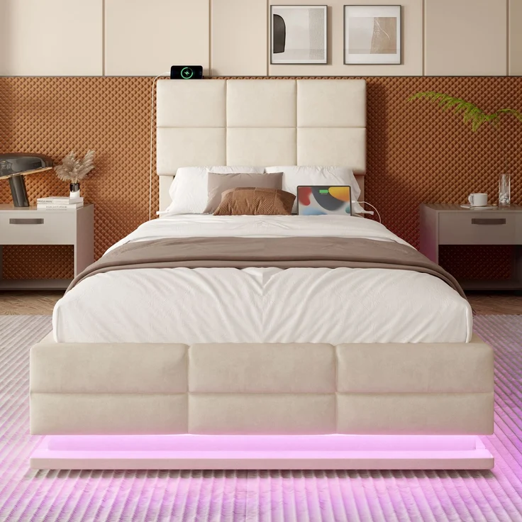 TavilaEcon Boxspringbett Modernes Polsterbett mit höhenverstellbarem Kopfteil & LED-Beleuchtung beige Liegefläche 90 × 200 cm – Bild 7