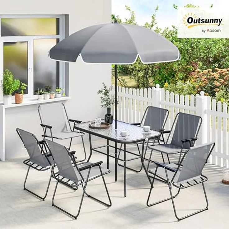 Outsunny Garten-Essgruppe mit 6 Klappstühlen, Sonnenschirm, Wasserwellenmuster, (Gartenset, 8-tlg, Gartenmöbel Set), für Garten Terrasse Grau – Bild 2