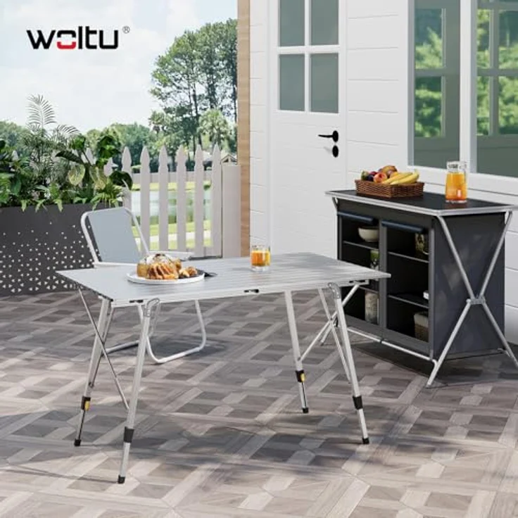 WOLTU Alu Campingtisch klappbar, Falttisch Höhenverstellbar mit Tragetasche & aufrollbarer Tischplatte, Klapptisch Reisetisch 4-6 Personen, für Camping Garten Balkon, 120 * 68. 5cm, Silber – Bild 3