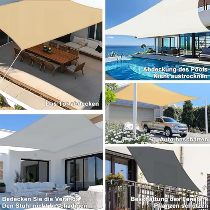 SUNNY GUARD Sonnensegel Wasserdicht 5x5m Rechteckig Sonnenschutz Wetterschutz Segel Baldachin UV Schutz für Balkon Terrasse Garten, Sand – Bild 6