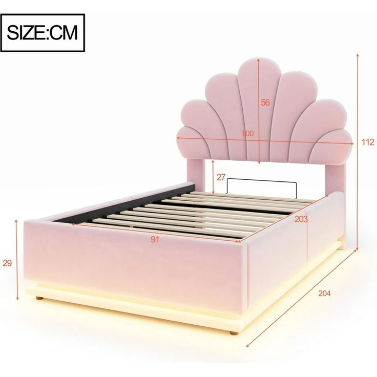 Odikalo Stauraumbett 90×200 140×200 Kinderbett Polsterbett Jugendbett Beige mit LED (Blütenförmigem Kopfteil Hydraulischem Stauraum Beleuchtung und Metallrahme Samtstoff Beige Rosa Ohne Matratze) – Bild 4