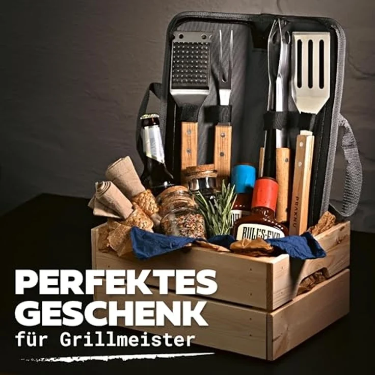 Praknu Grillbesteck-Set mit Holzgriffen und Tragetasche - Hitzebeständig, Rostfrei und Robust, (4-teiliges Set, 4 tlg, 1x Grillzange, Grillwender, Grillgabel, Grillbürste, Tragetasche), Lange Griffe (38cm), Spülmaschinenfest, inkl. Aufbewahrungstasche – Bild 6
