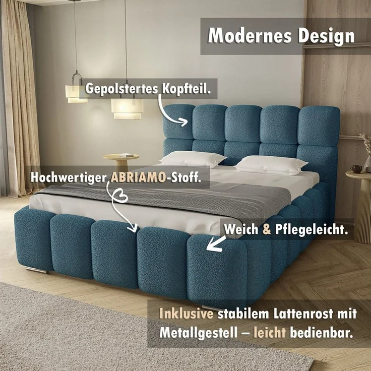 thematys Polsterbett mit Bettkasten & Lattenrost – Stauraumbett 200x200cm, Türkis – Bild 2