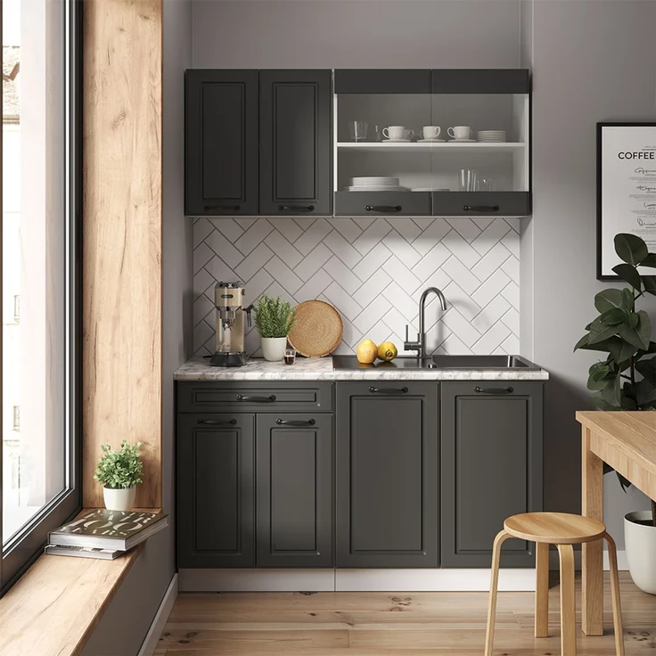 Singleküche R-Line Anthrazit Landhaus/Weiß 140 cm , AP Marmor Vicco – Bild 4