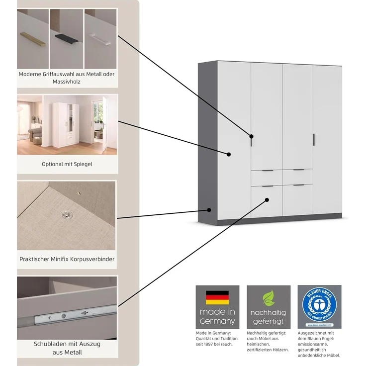 Rauch Möbel Glasgow Drehtürenschrank, Kleiderschrank, Schrank, Garderobe 3-türig, 1 Spiegeltüre, 2 Schubladen, Farbe Weiß/Grau metallic, Griffprofil Grau metallic, 136 x 197 x 54 cm – Bild 5