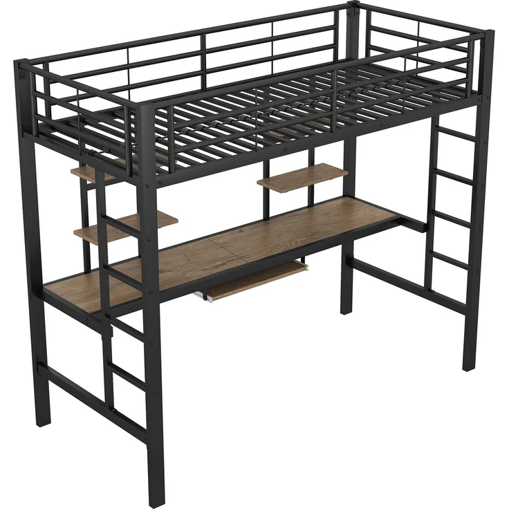 EINHOM Bettgestell Metallbett, Eisenbett, Hochbett mit Schreibtisch und Zwei Bücherregalen für Kinder, Jugendliche und Erwachsene, 90 x 200 cm, Schwarz, (Ohne Matratze) – Bild 6