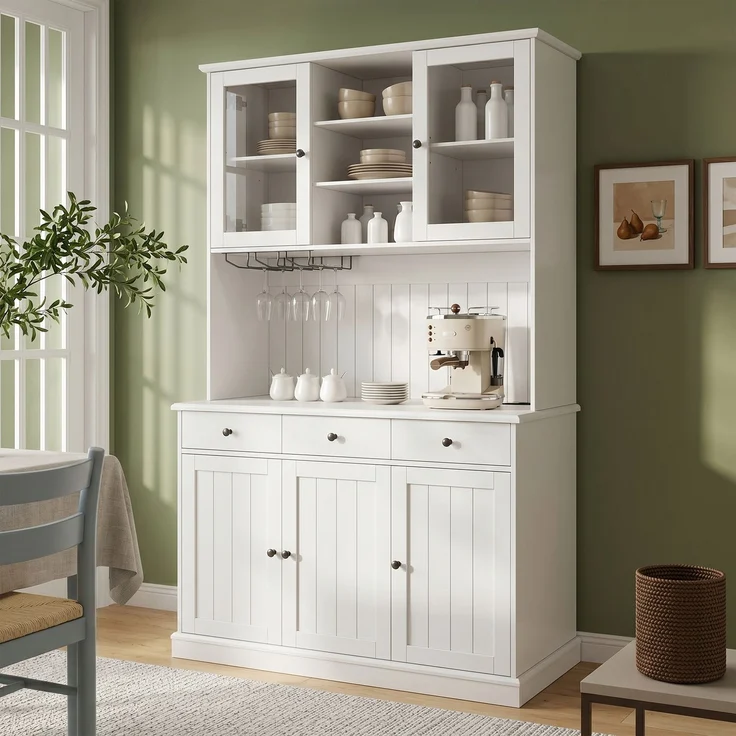 EINHOM Buffetschränke, Esszimmer-Hochschrank 120 x 40 x 191 cm, mit Glastüren, Gläserhalter, Mehrstufigem Stauraum, Integrierter Steckdose sowie USB-C- und USB-A-Anschlüssen, Weiße und schwarze Griffe – Bild 4