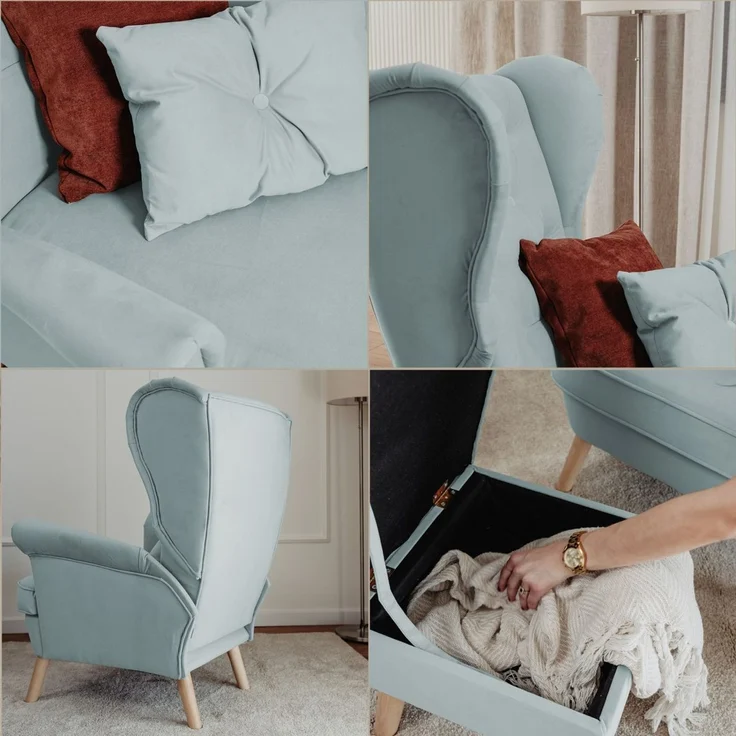 Sessel Ohrensessel ALISON inkl. Hocker in Stoff Trinity Hellblau – Bild 5
