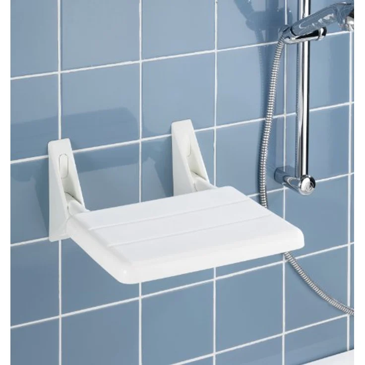 WENKO Duschklappsitz Secura, 120 kg Tragkraft, hochklappbar, Kunststoff Polypropylen, 32 x 19 x 36 cm, Weiß – Bild 2