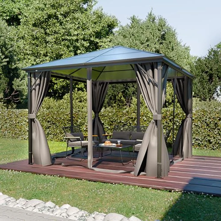GARMIO Pavillon Rom, 3x3m, schwarze Überdachung mit Vorhang und Mückennetz, Metallgestell, wasserdicht, UV-Schutz, 2,7m Höhe, Polycarbonat Platten – Bild 1