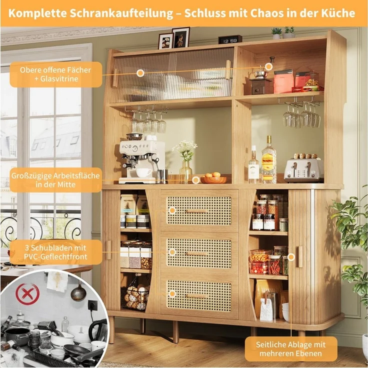 Celya Küchenbuffet Buffetschrank Rattanoptik mit Stauraum (mit 3 Schubladen und Glasschiebetüren, belastbar bis 60kg) Integrierte Glashalter, verstellbare Füße und abgerundete Kanten – Bild 4