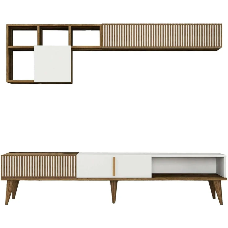 Dmora - Wohnzimmermöbel Gemini, Modulares Wohnzimmerset, Mehrzweck-Wohnzimmermöbel, Moderner TV-Schrank, 180x35h40 cm, Walnuss und Weiß – Bild 4