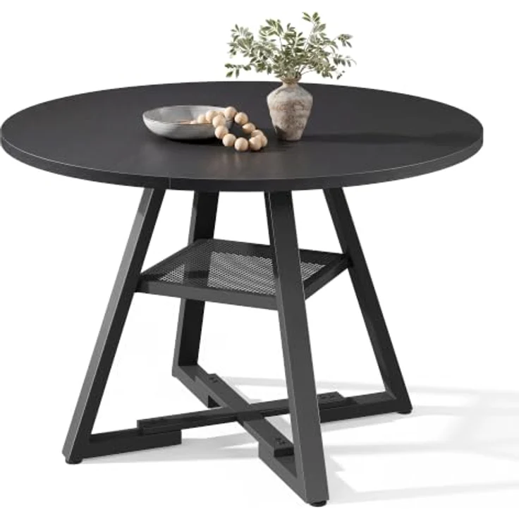 Jocoevol Esstisch Runder für 2 Personen, Esszimmertisch mit Ablage, platzsparender Küchentisch aus Holz im Industrial Design (Schwarz, 80x80x76cm) – Bild 1