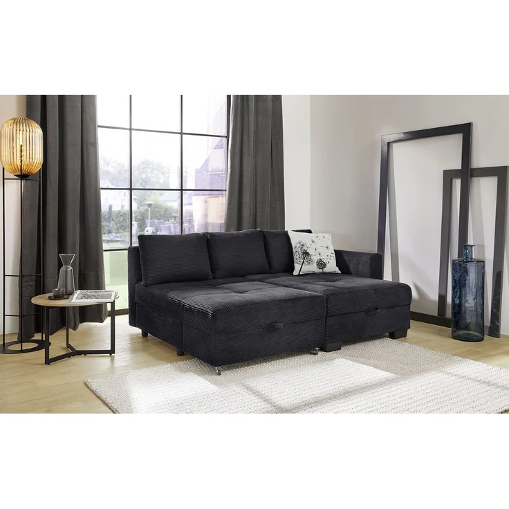 Ecksofa Schwenkfunktion Doppelbett Schlafcouch Bettkasten Cordbezug in Schwarz – Bild 4