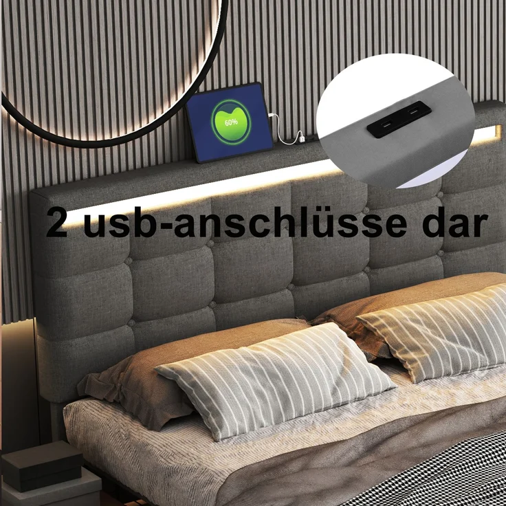 Polsterbett 140x200 cm LED Beleuchtung mit USB & Stauraum, modernes Doppelbett mit Leinenstoff Grau – Bild 8