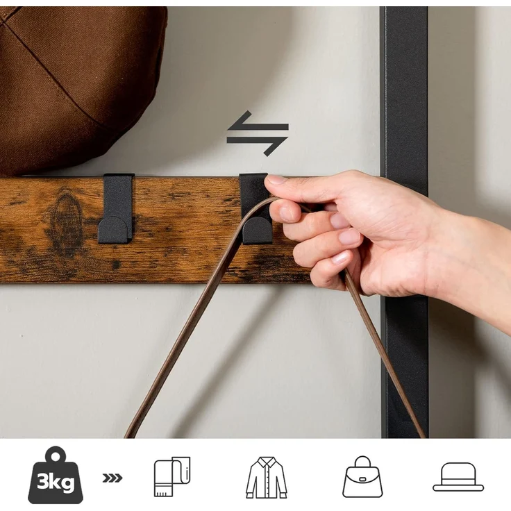 HOOBRO Garderobenständer, Garderobe, Kleiderständer mit 6 staschen und 9 Haken, Schuhregal mit Sitzfläche, Sitzbank, Viel Stauraum, für Flur, Wohnzimmer, vintagebraun-schwarz EBF24MT01 – Bild 7