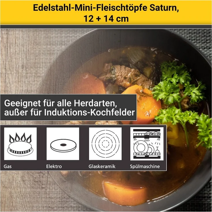 Krüger Topf-Set Saturn, Edelstahl (Set, 2-tlg, 1x Fleischtopf Ø 12 cm, 1x Fleischtopf Ø 14 cm, je mit Deckel), für Induktions-Kochfelder geeignet – Bild 3