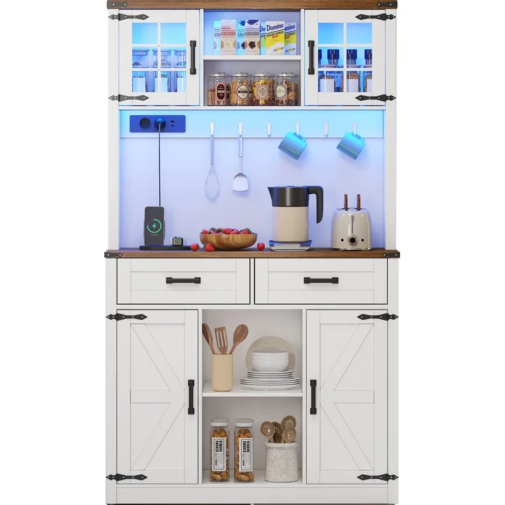 ZUBALIYA Buffetschrank 100x40x172 cm, mit LED-Beleuchtung, mit Steckdosen, mit verstellbaren Einlegeböden, aus MDF, Braun / Weiß – Bild 21