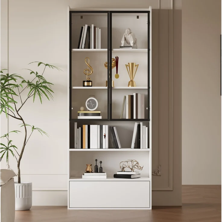DESVIAE Vitrine mit LED-Beleuchtung und Schublade, MDF und Glas, Weiß, 80x180x34 cm – Bild 3