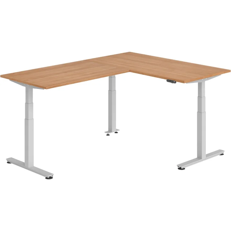bümö Eckschreibtisch elektrisch höhenverstellbar L-Form: 160 x 220 cm in Nussbaum, Gestell silber - Stehschreibtisch mit Memory-Steuerung, elektrischer XXL Schreibtisch für die Ecke, XDSMW-1614-N-S – Bild 1