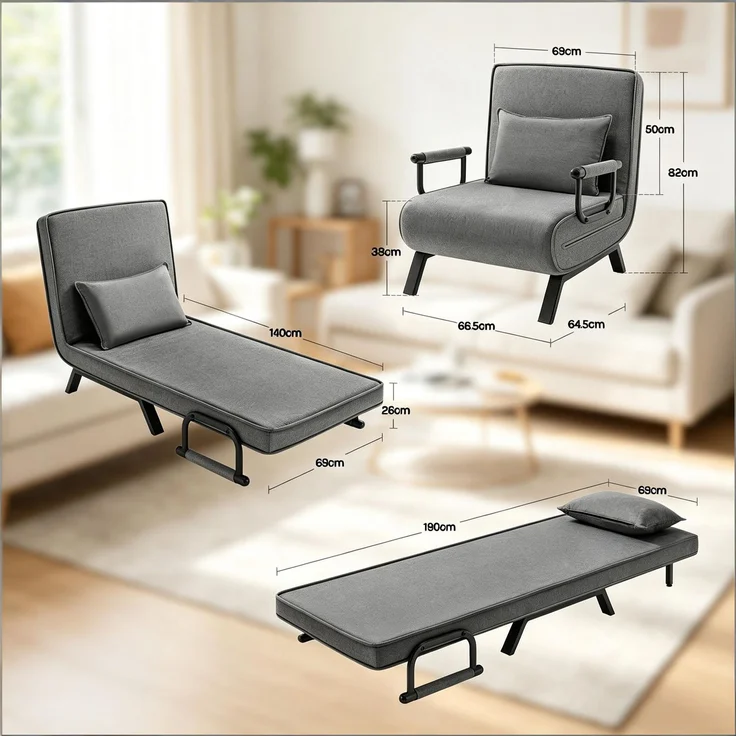 Sessel 80x74x82 cm, 1 Stück, 3-in-1 Cabriolet-Schlafstuhl, dunkelgrau – Bild 4