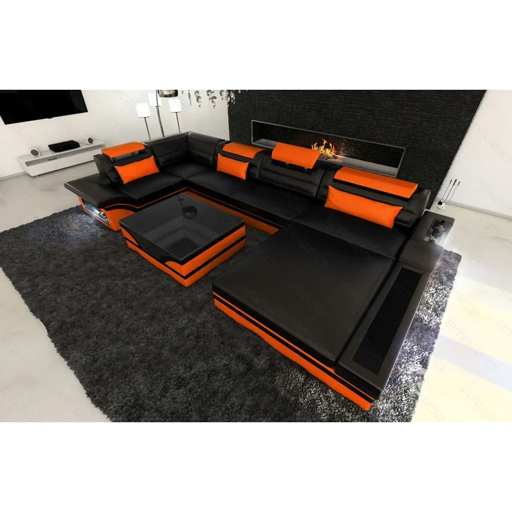Sofa Dreams - Mini Luxus-Wohnlandschaft Mezzo mit LED-Beleuchtung - Ledermix - Schwarz-Orange - Rechts – Bild 6