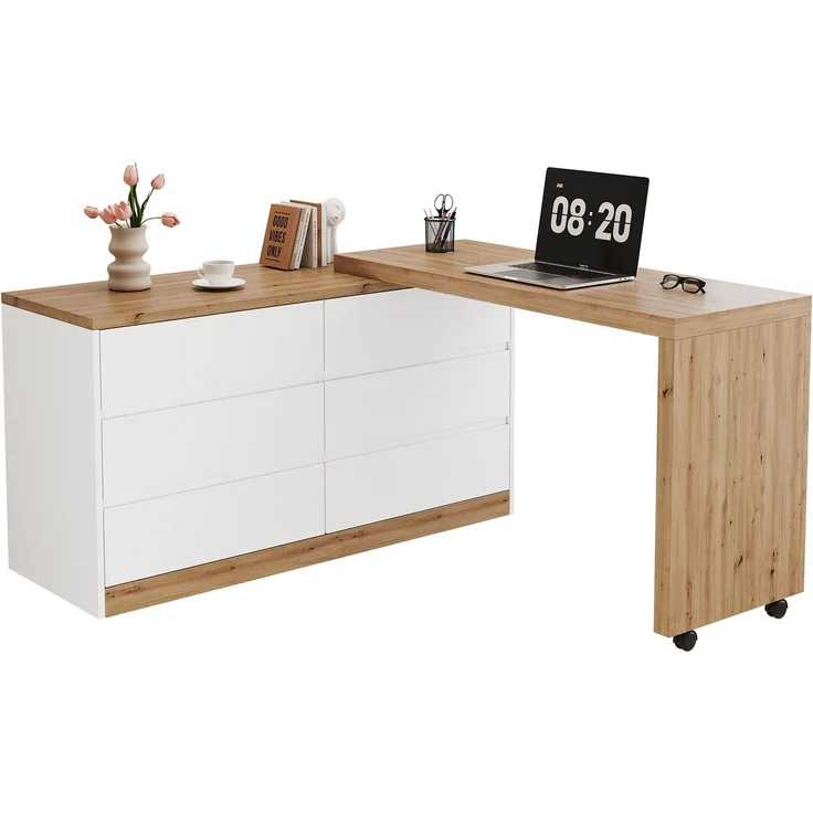 ZUBALIYA Schreibtisch mit feststellbaren Rollen – multifunktionales Design, 4 cm dickere, drehbare Tischplatte, fest arretierbar, weiß/Eiche, Faltbarer Schreibtisch, Eckschreibtisch, Sideboard,Dicke Materialie – Modell N880P4642189O – Bild 9
