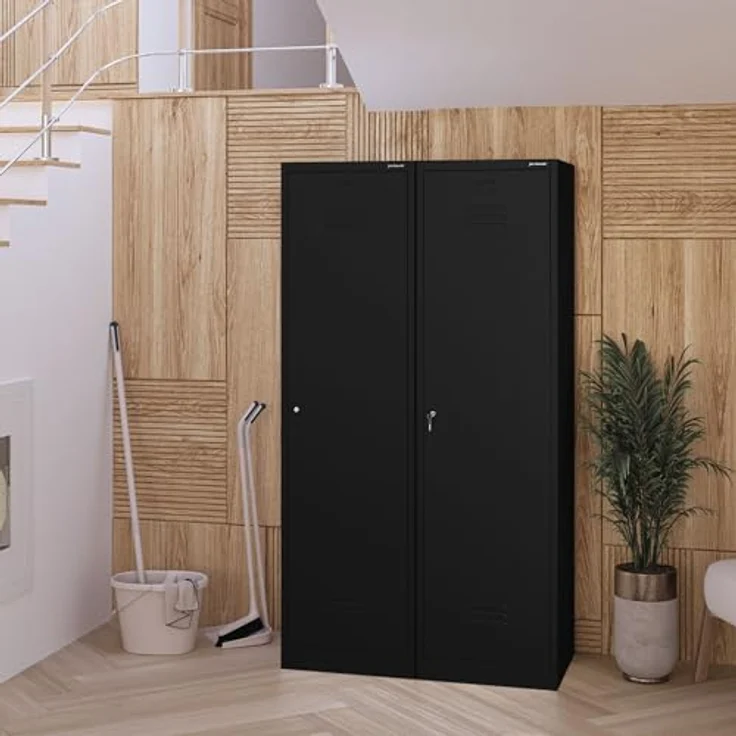 Jan Nowak Besenschrank Haushaltsschrank Metall - Agnes | 50 x 185 x 50 cm | Mehrzweckschrank Weiß mit Regale und Kleiderstange | Schloss, Belüftung | Putzschrank Schmal 50 cm Breit | Schwarz – Bild 5