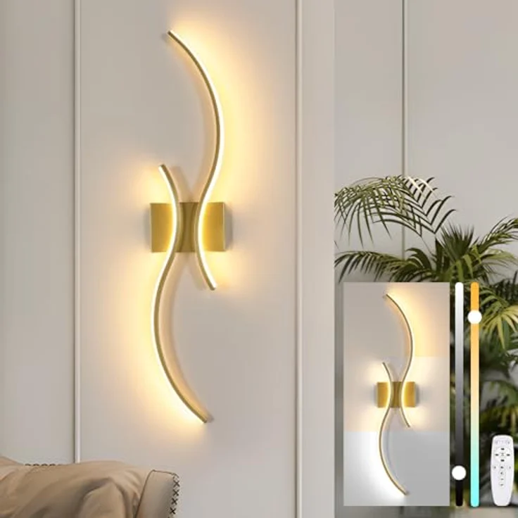 Goeco Wandlampe Innen LED, 32W 3600LM Moderne Wandleuchte Dimmbar Mit Fernbedienung, 3000K-6500K, Wandbeleuchtung Golden Flurlampe Wand für Schlafzimmer Wohnzimmer Flur Treppenhaus Hotel, 80cm – Bild 10
