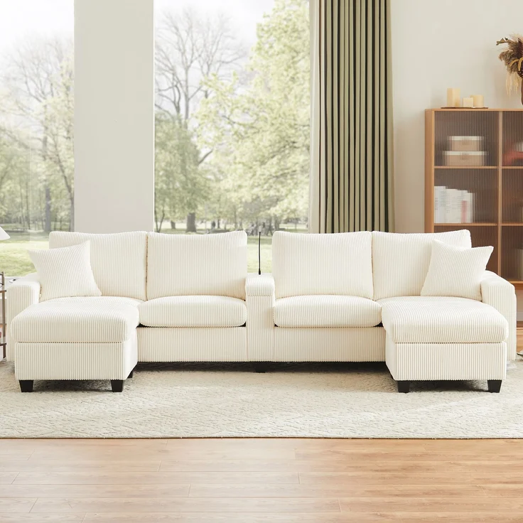 Cord-Sofa mit 2 Stauraumhockern, Leselampe, Klappkonsole, App-LED und USB-C, U-förmige Lounge-Couch mit Getränkehalter, Beige – Bild 20