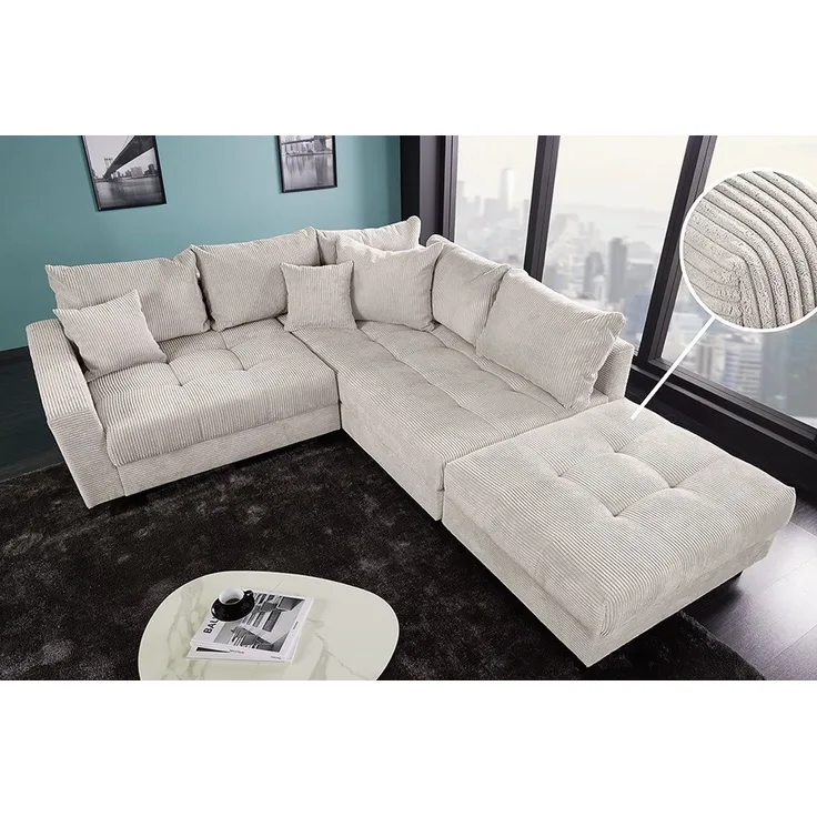 riess-ambiente Ecksofa KENT 220cm beige / schwarz, Einzelartikel 1 Teile, Wohnzimmer · Cord · mit Federkern · inklusive Hocker · L-Form · Modern